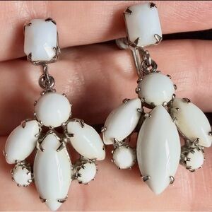 Vintage Weiss milk glass chandelier screwback earrings, circa late 1950s.